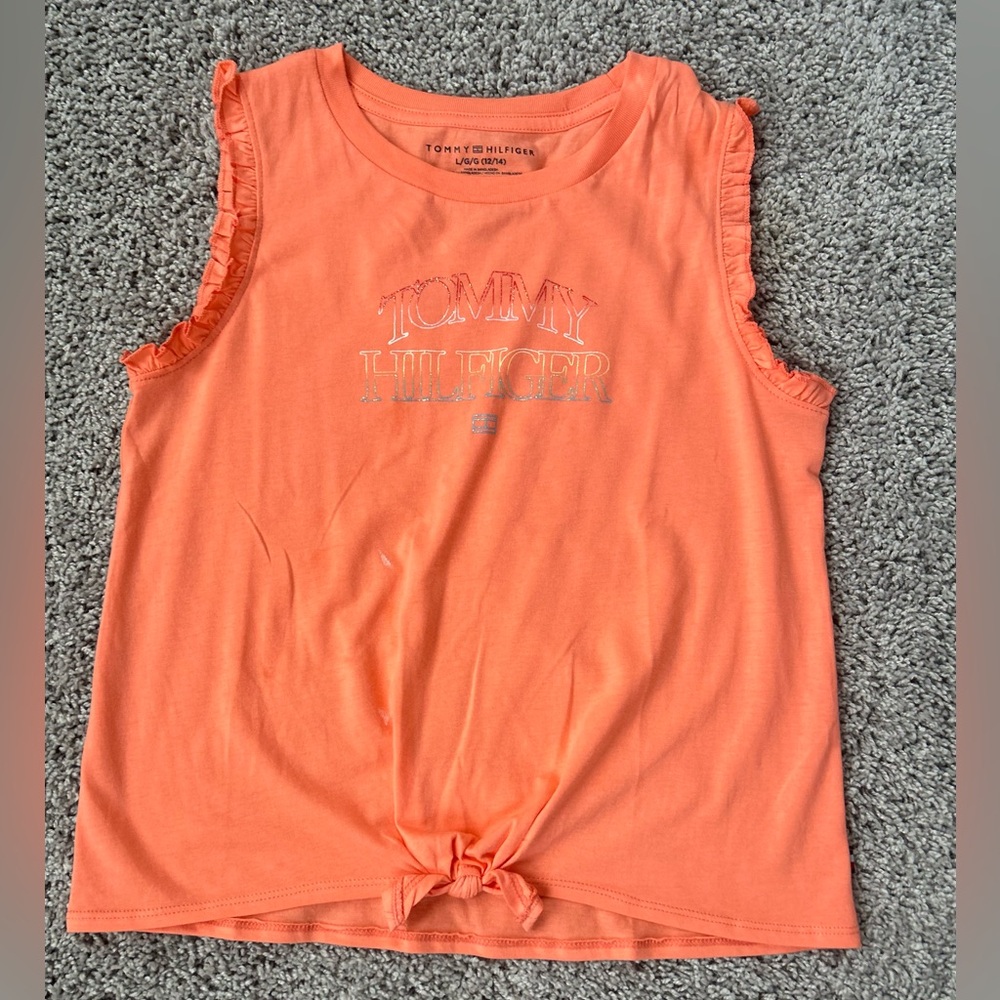 Girls Tommy Hilfiger Neon Orange Tie-Front Ruffle Sleeve Tank